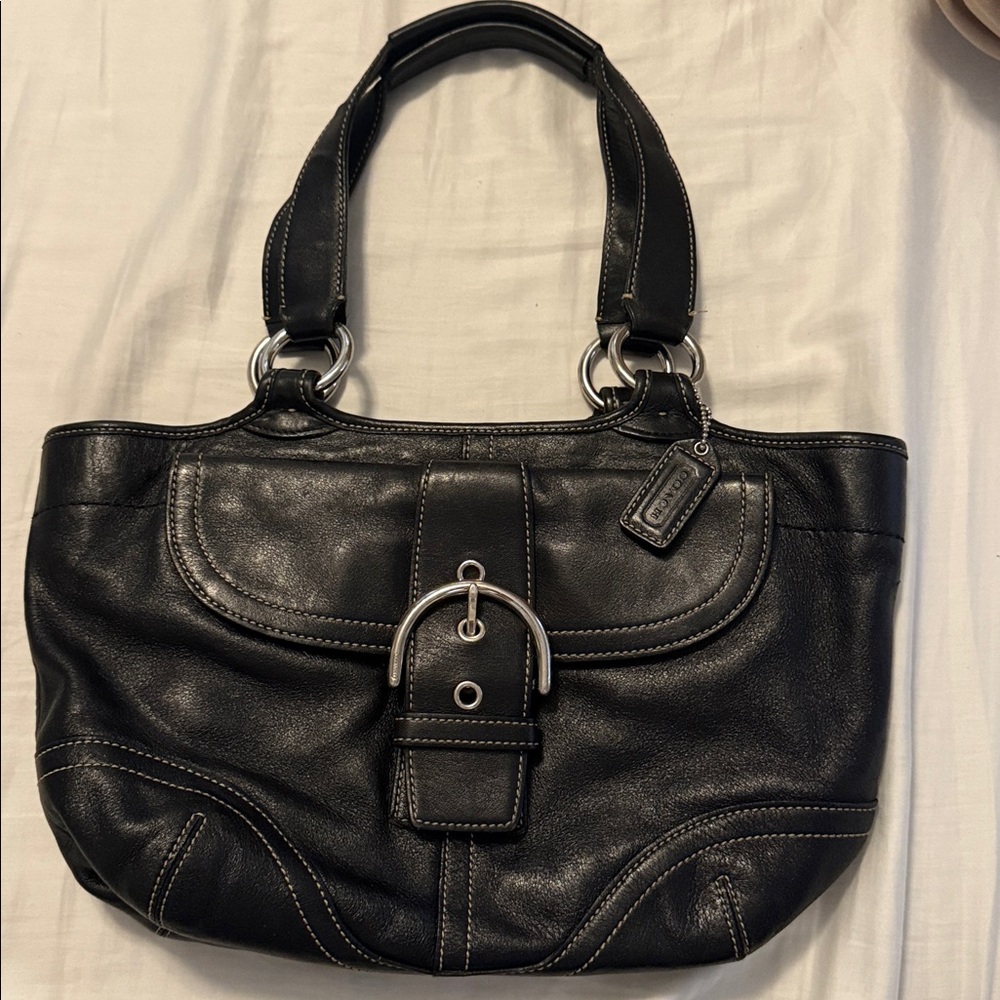 Coach Black Leather Shoulder Bag with Buckle Detail